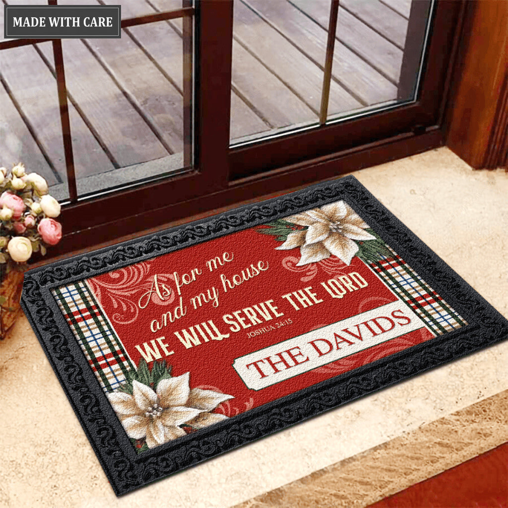 Christmas Poinsettia Serve The Lord Personalized Doormat