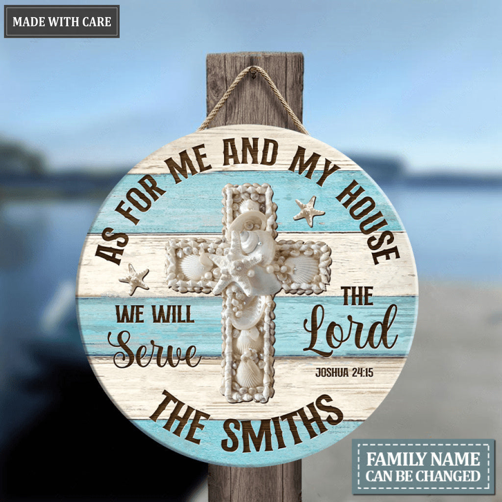 Seashell Cross As For Me And My House Personalized Blue White Circle Sign