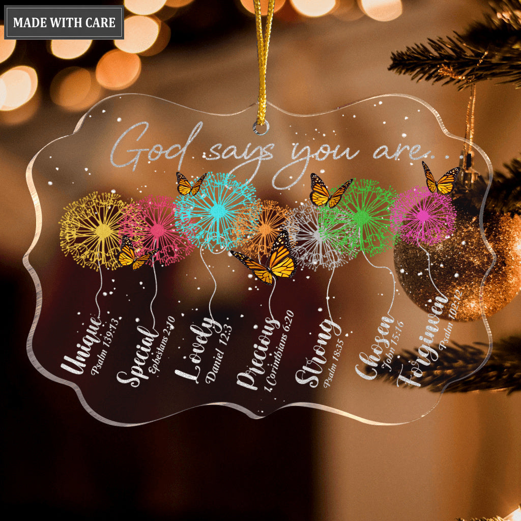 Colorful Glitter Dandelions And Butterlies God Says You Are Transparent Ornament