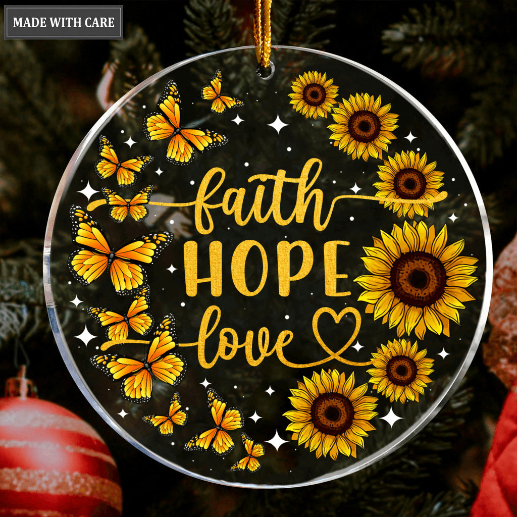 Sunflower Butterfly Glitter Faith Hope Love Transparent Ornament