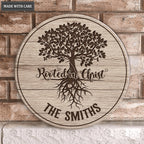 Personalized We Are Rooted In Christ Wood Circle Sign