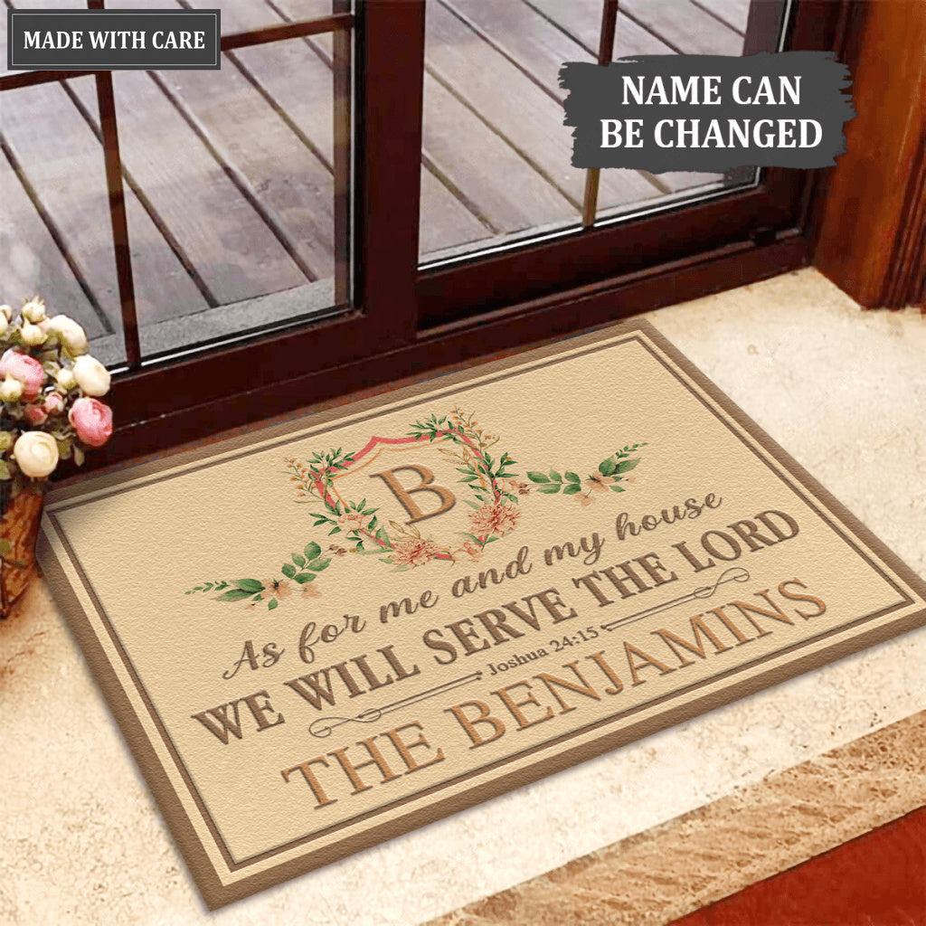 Floral Monogram Crest Pastel Serve The Lord Personalized Doormat