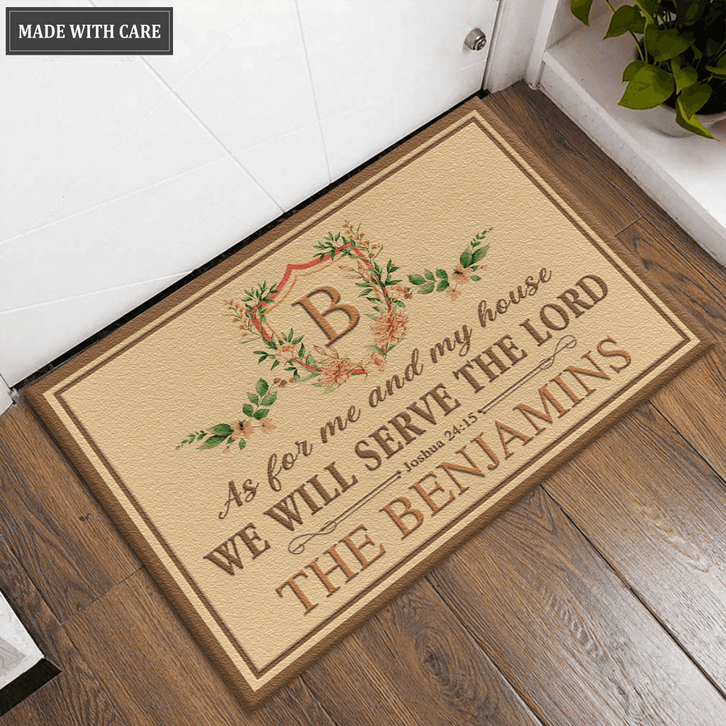 Floral Monogram Crest Pastel Serve The Lord Personalized Doormat