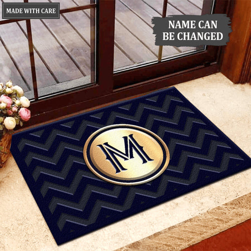 Cheveron Blue Monogram Personalized Doormat