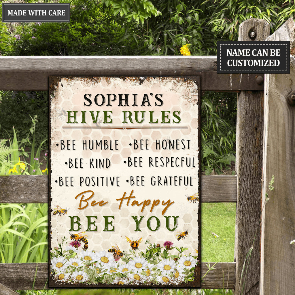 Hive Rules Farmhouse Bee Kind Personalized Metal Sign