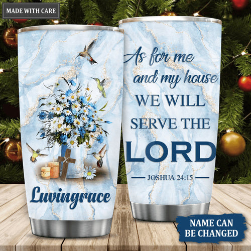 Blue Glitter Flower And Hummingbirds Cross As For Me And My House Personalized Tumbler