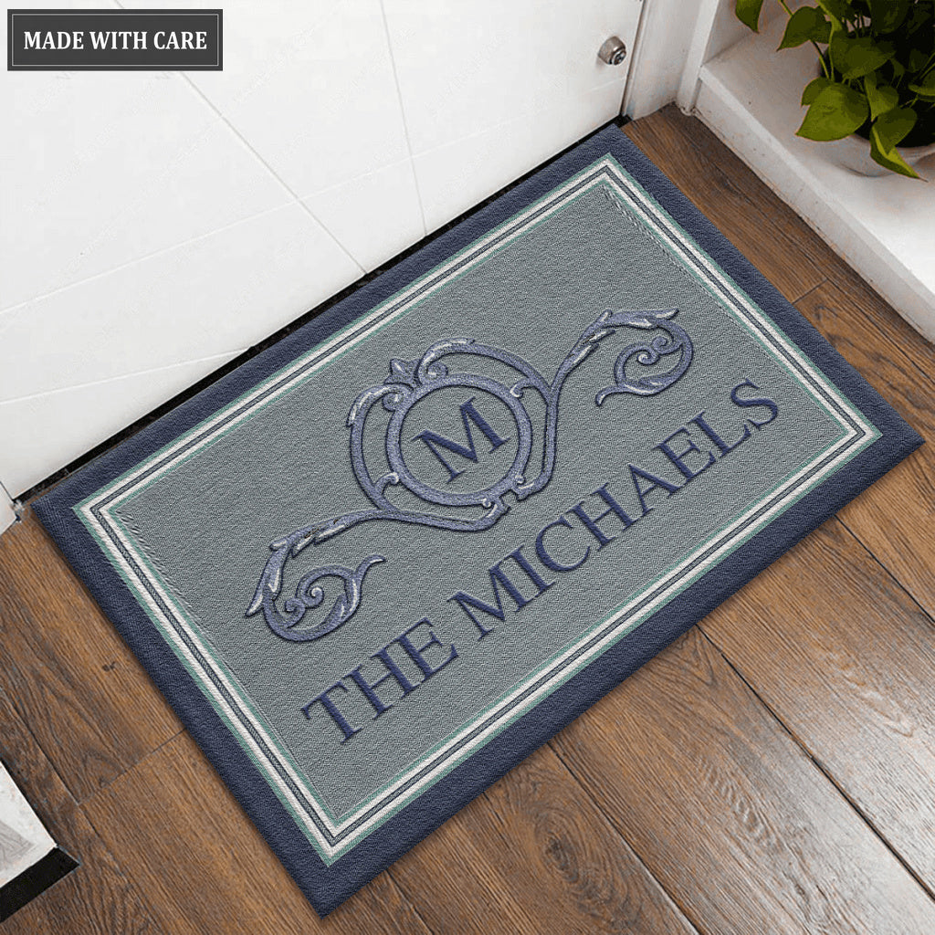 Border Stripe In Blue Personalized Doormat