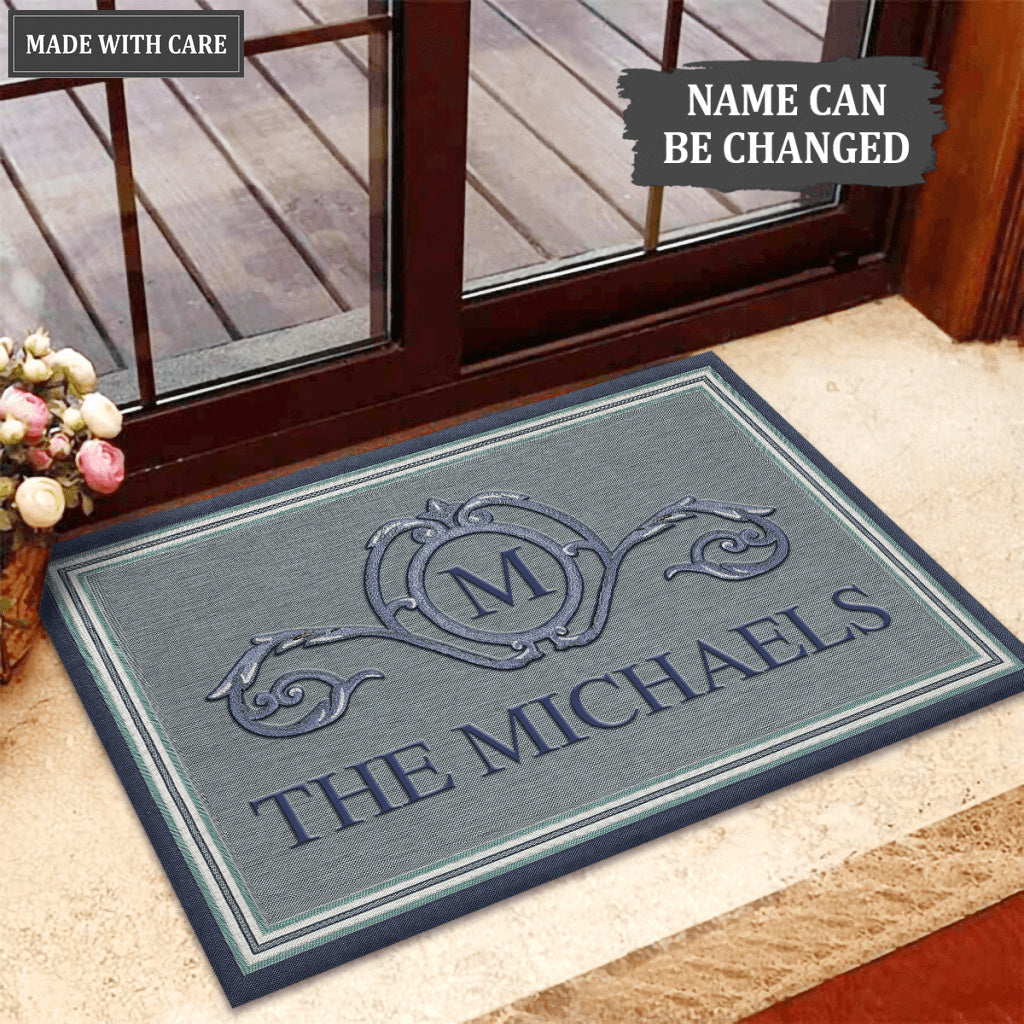 Border Stripe In Blue Personalized Doormat