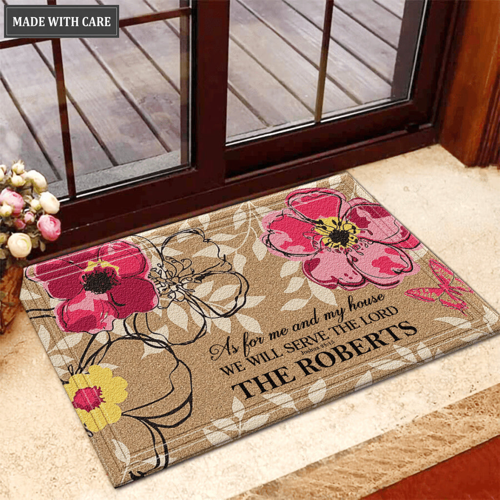 Flowers Pattern Serve The Lord Personalized Door Mat
