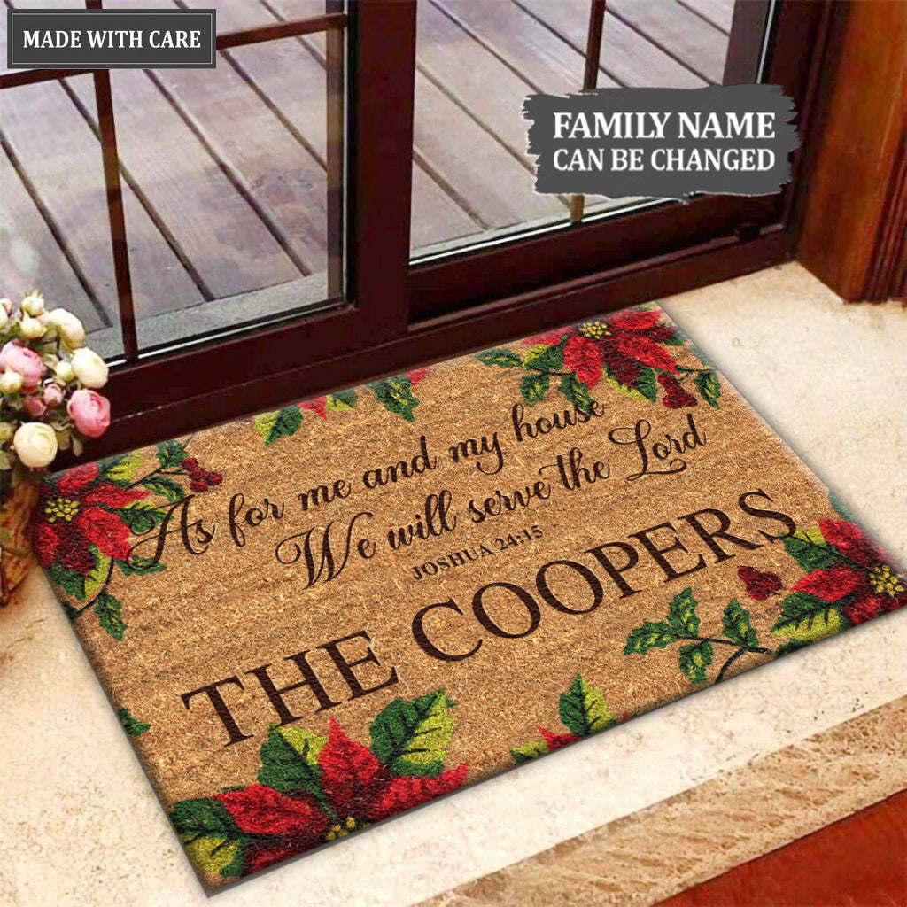 Poinsettia Christmas Serve The Lord Personalized Door Mat