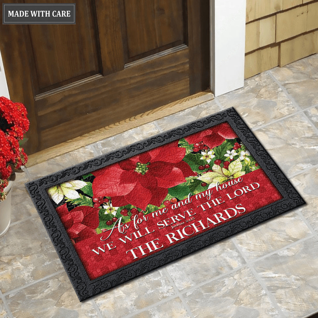 Poinsettia Welcome Christmas Floral Serve The Lord Personalized Door Mat