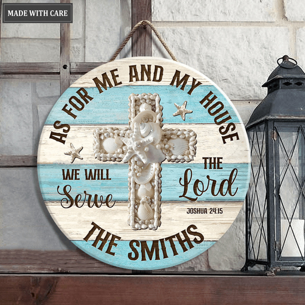 Seashell Cross As For Me And My House Personalized Blue White Circle Sign