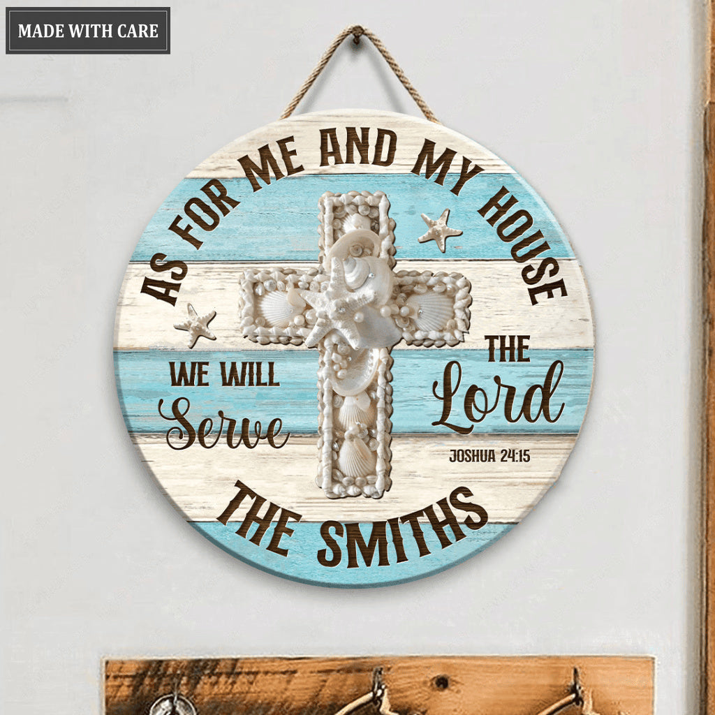 Seashell Cross As For Me And My House Personalized Blue White Circle Sign