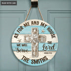 Seashell Cross As For Me And My House Personalized Blue White Circle Sign