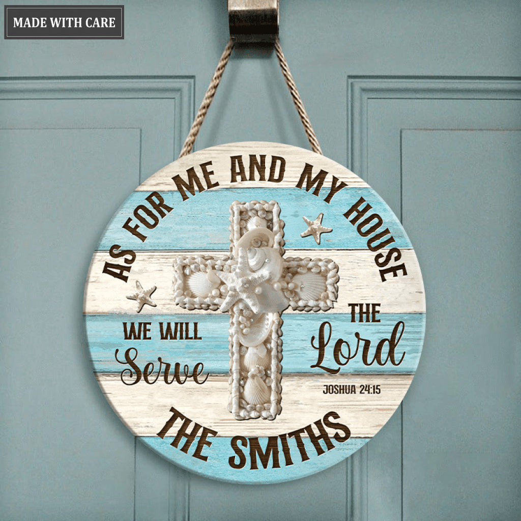 Seashell Cross As For Me And My House Personalized Blue White Circle Sign