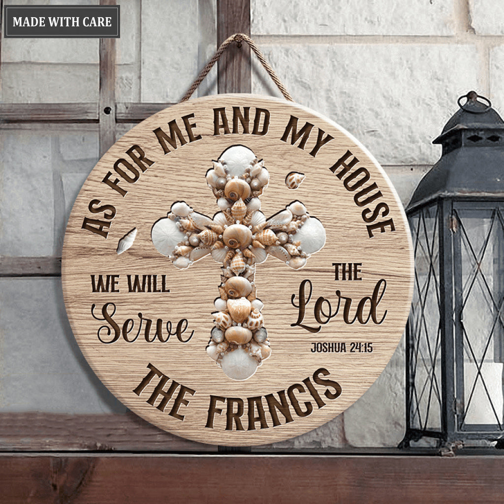 Seashell Cross As For Me And My House Personalized Wood Circle Sign
