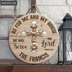 Seashell Cross As For Me And My House Personalized Wood Circle Sign