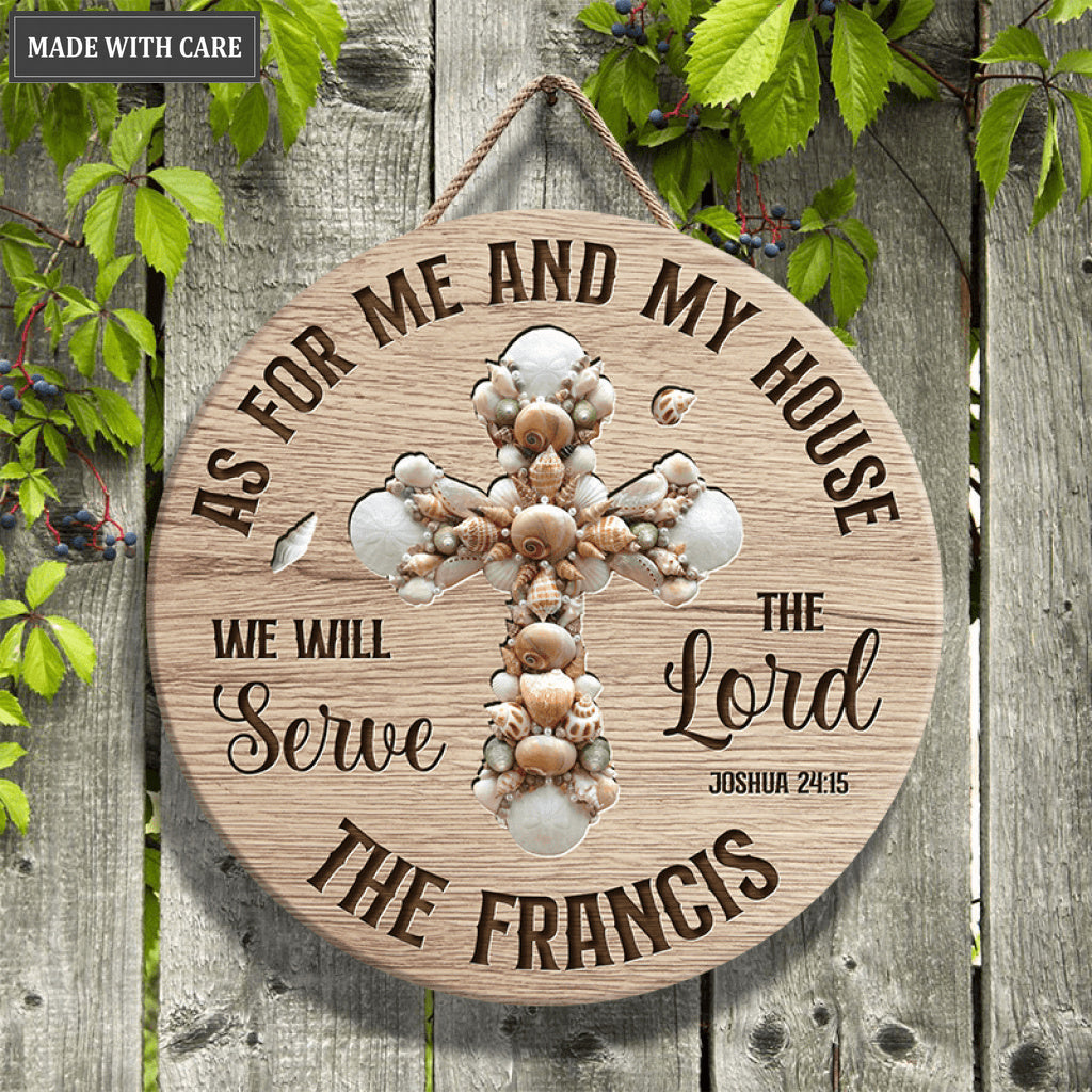 Seashell Cross As For Me And My House Personalized Wood Circle Sign