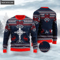Dark Blue Christian Cross Reindeer Wool Knitted Snow Christmas Pattern Ugly Sweater
