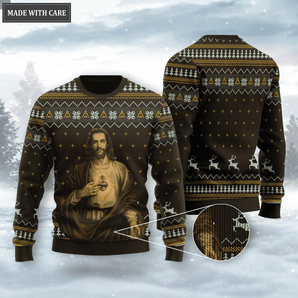 God Christ Show His Sacred Heart Wool Knitted Christmas Pattern Ugly Sweater