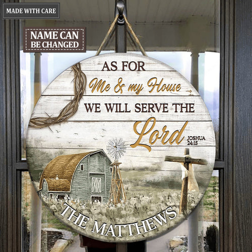 Barn And Cross Serve The Lord Personalized Wood Circle Sign