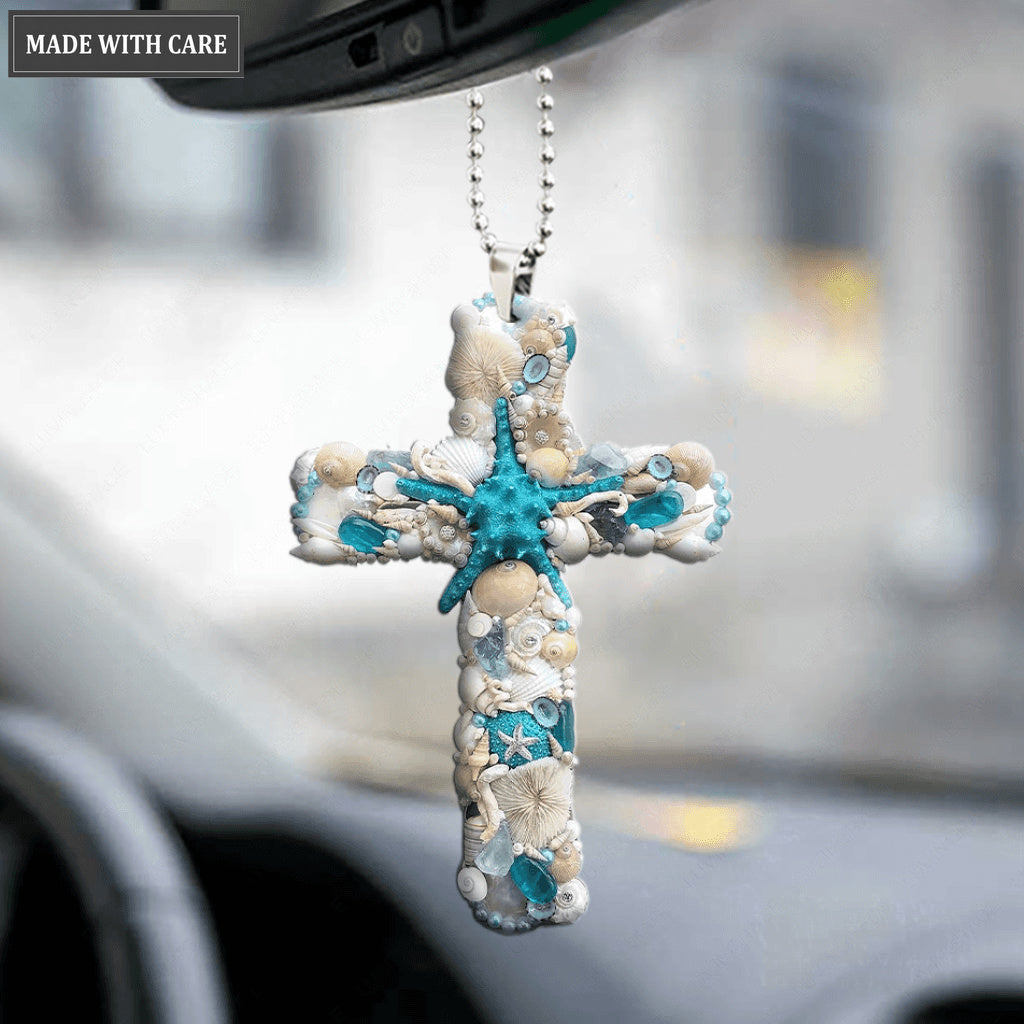 Blue Starfish Seashells Cross Ornament