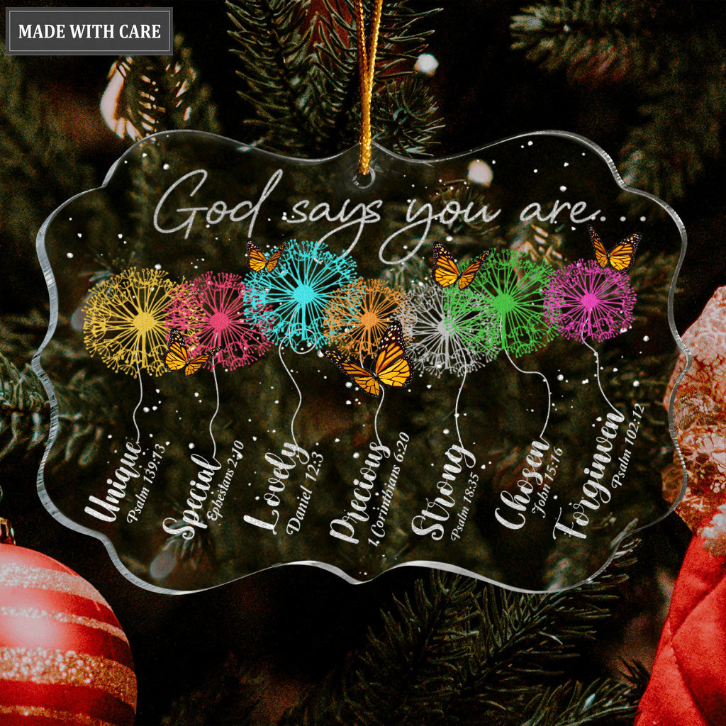 Colorful Glitter Dandelions And Butterlies God Says You Are Transparent Ornament