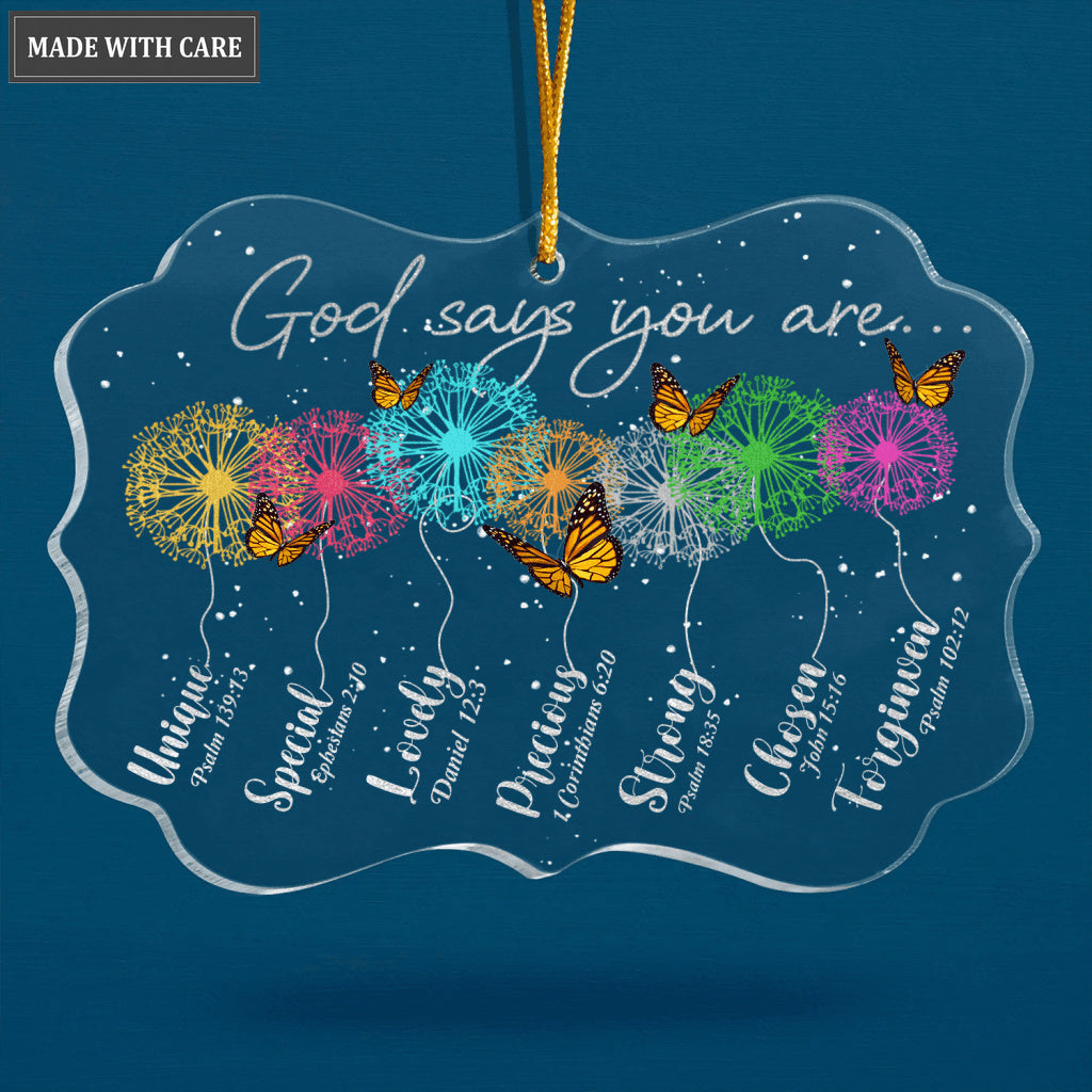 Colorful Glitter Dandelions And Butterlies God Says You Are Transparent Ornament