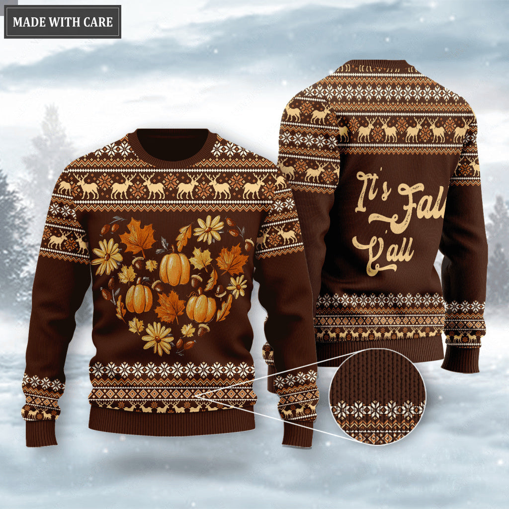 Autumn Heart Pumpkin Floral Wool Knitted Pattern It's Fall Y'all Ugly Sweater