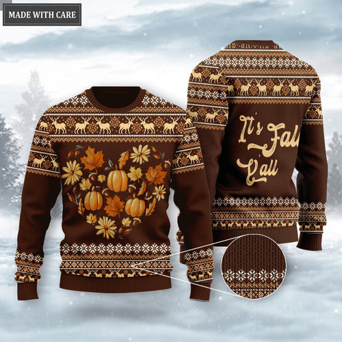 Autumn Heart Pumpkin Floral Wool Knitted Pattern It's Fall Y'all Ugly Sweater