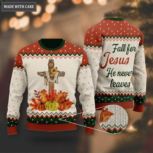 Autumn Pumpkin Floral Cross Wool Knitted Pattern Fall For Christ He Never Leaves Ugly Sweater