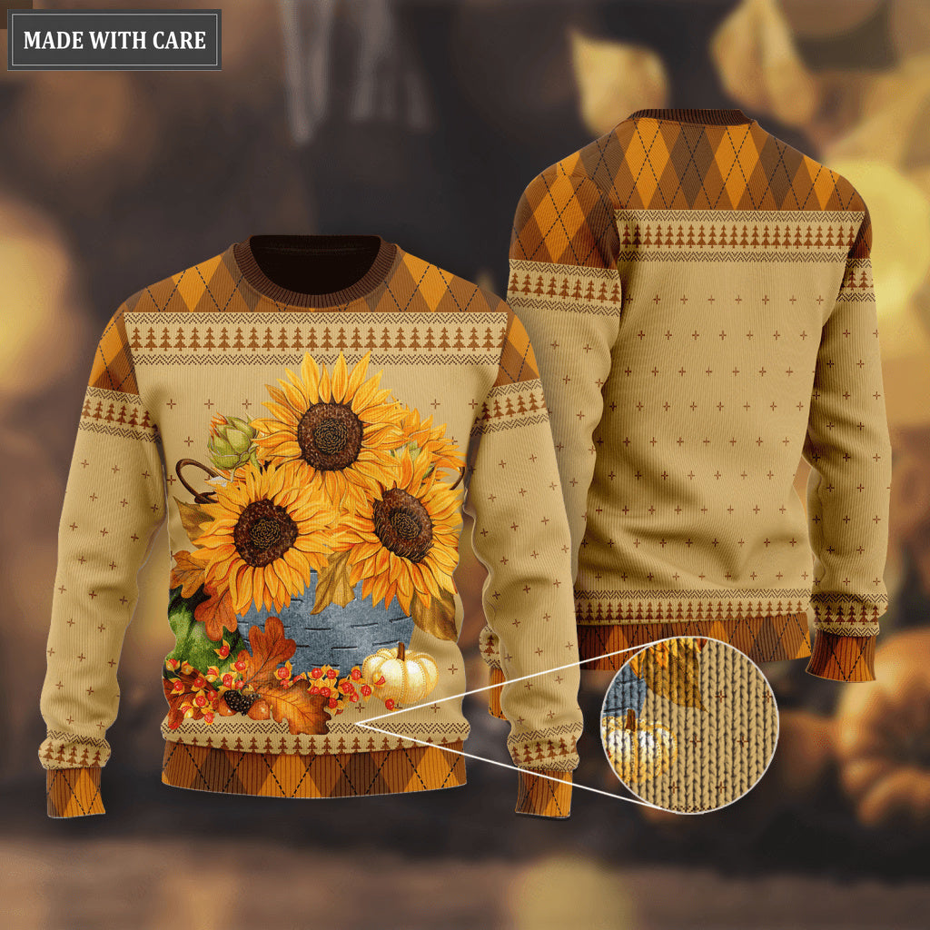 Fall Sunflower Pumpkin Wool Knitted Pattern Ugly Sweater