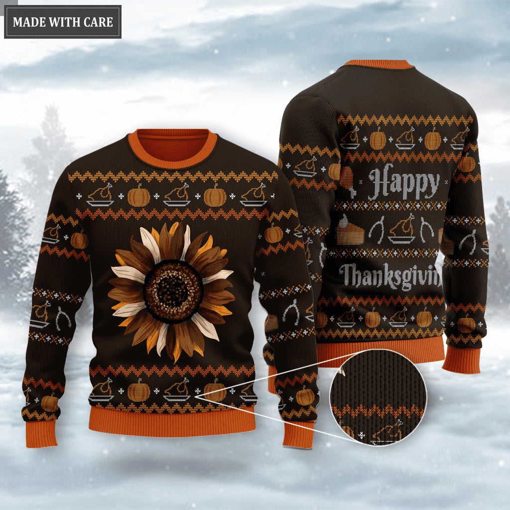 Happy Thanksgiving Sunflower Pumpkin Wool Knitted Pattern Ugly Sweater