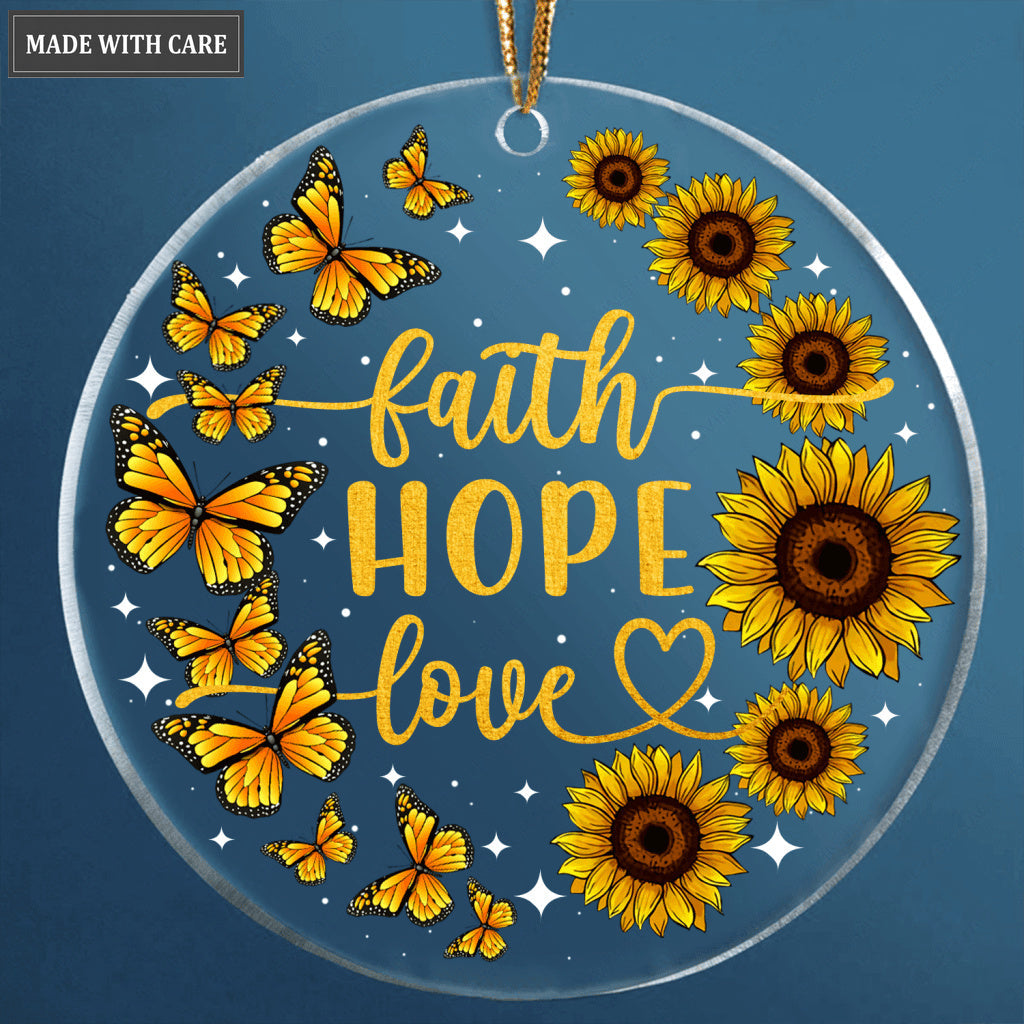 Sunflower Butterfly Glitter Faith Hope Love Transparent Ornament