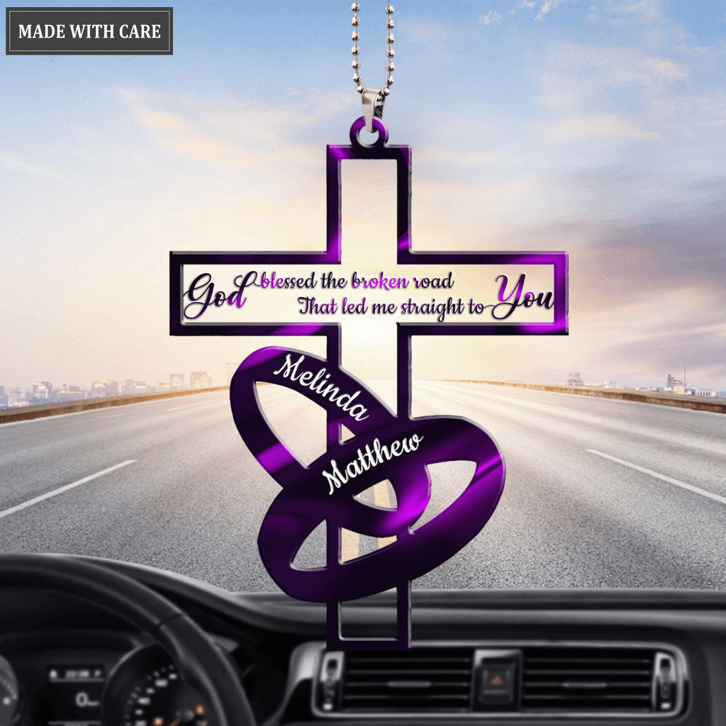 Purple Cross Couple Rings God Blessed Personalized Ornament