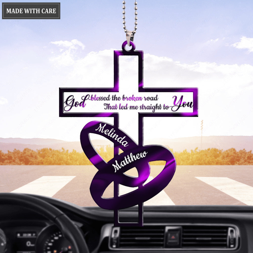 Purple Cross Couple Rings God Blessed Personalized Ornament