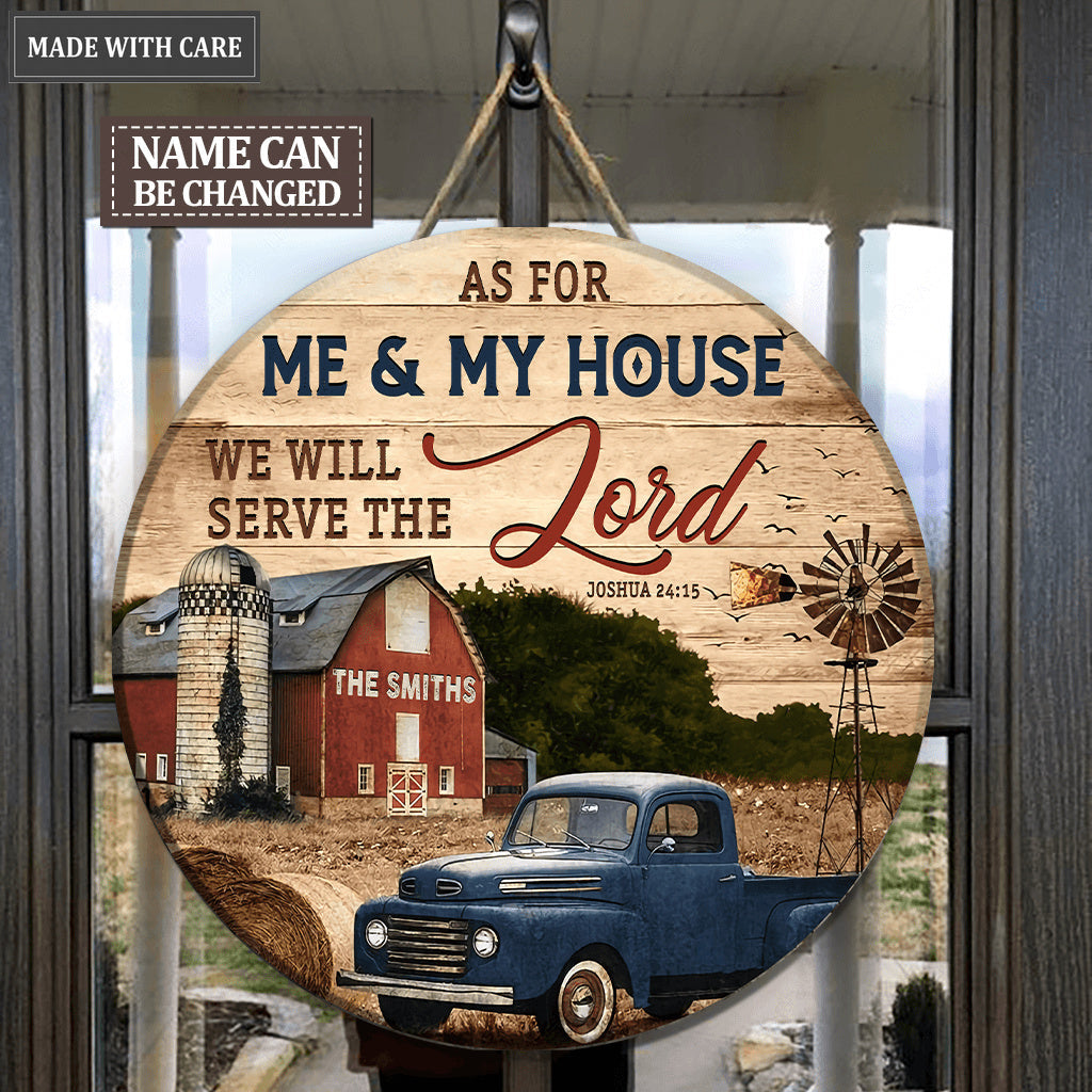 Red Barn Serve The Lord Personalized Wood Circle Sign