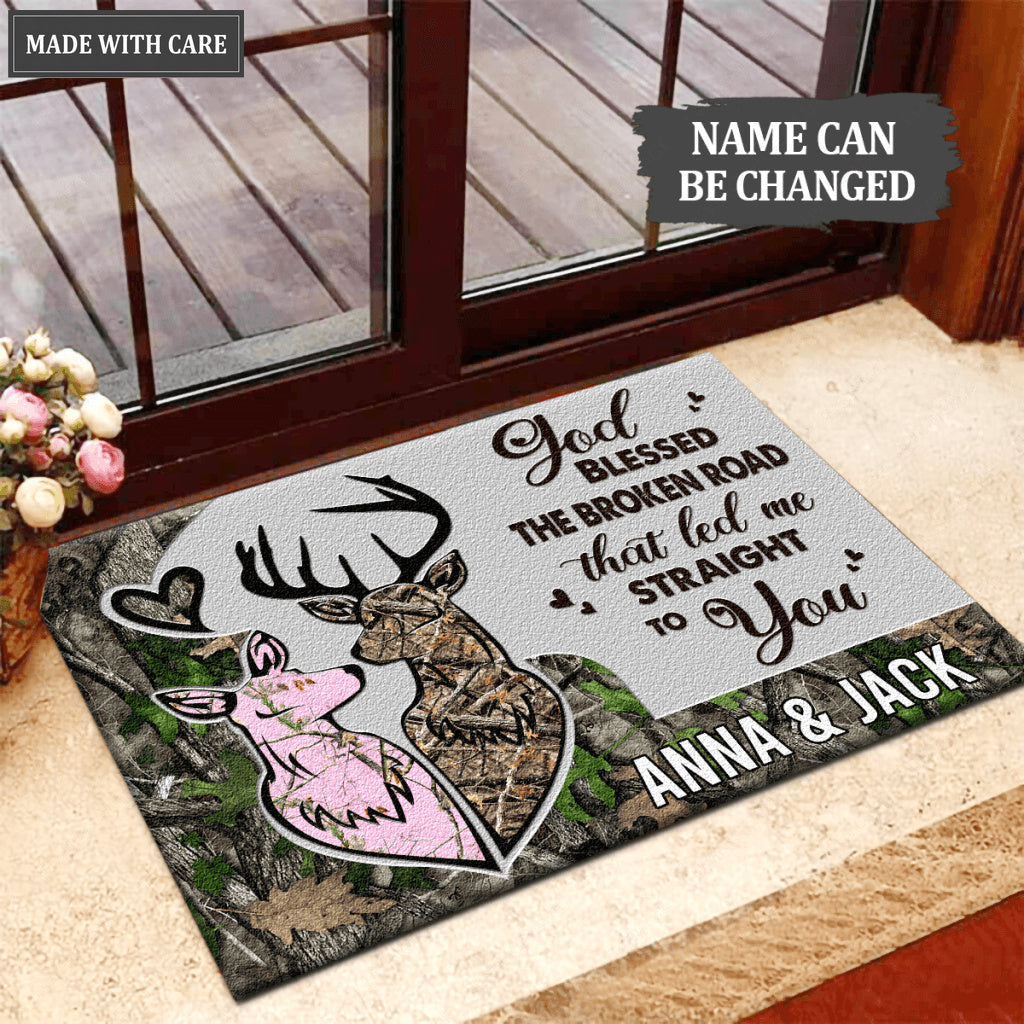 God Blessed The Broken Road Deer Couple Personalized Doormat