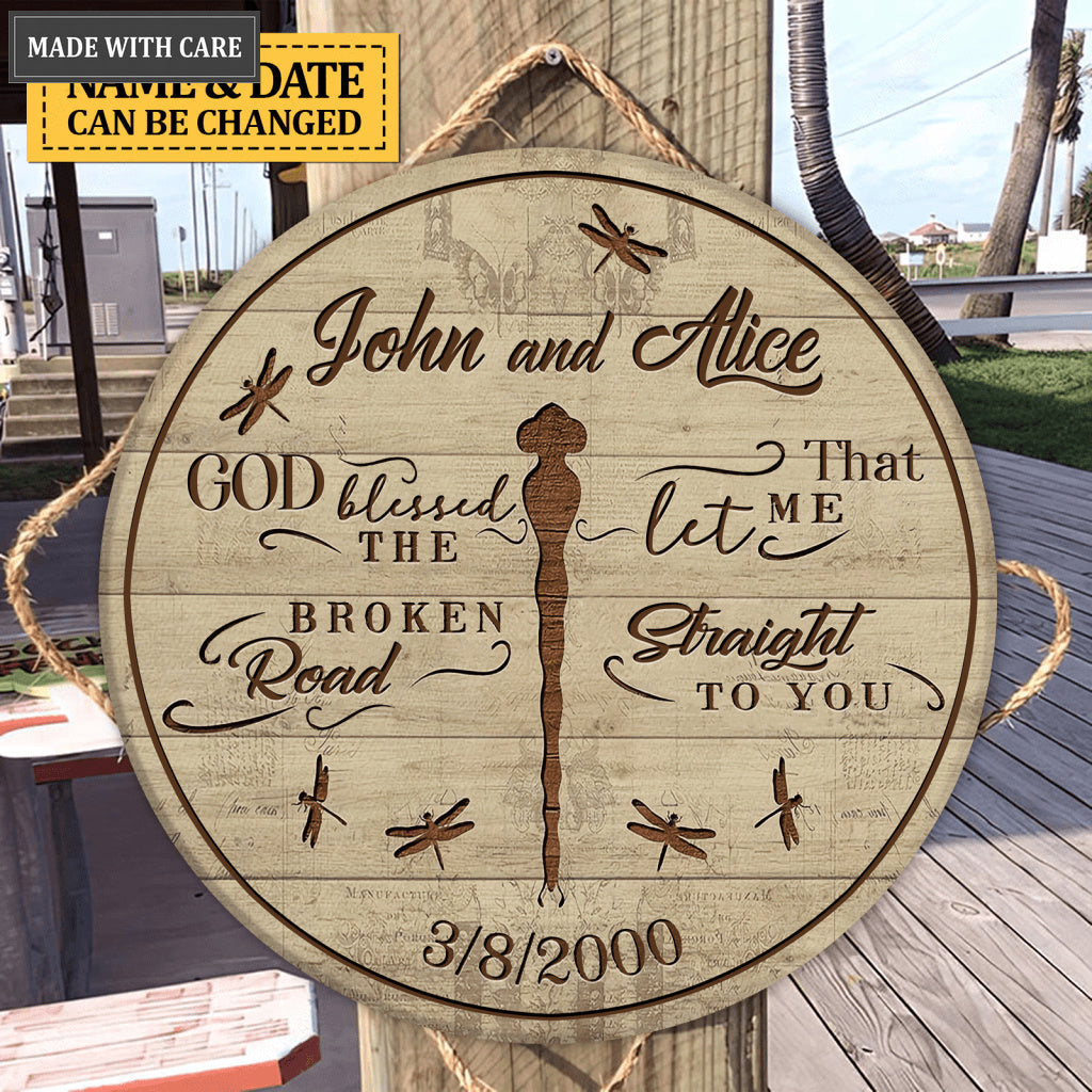 Personalized Couple God Blessed Dragonfly Wood Circle Sign