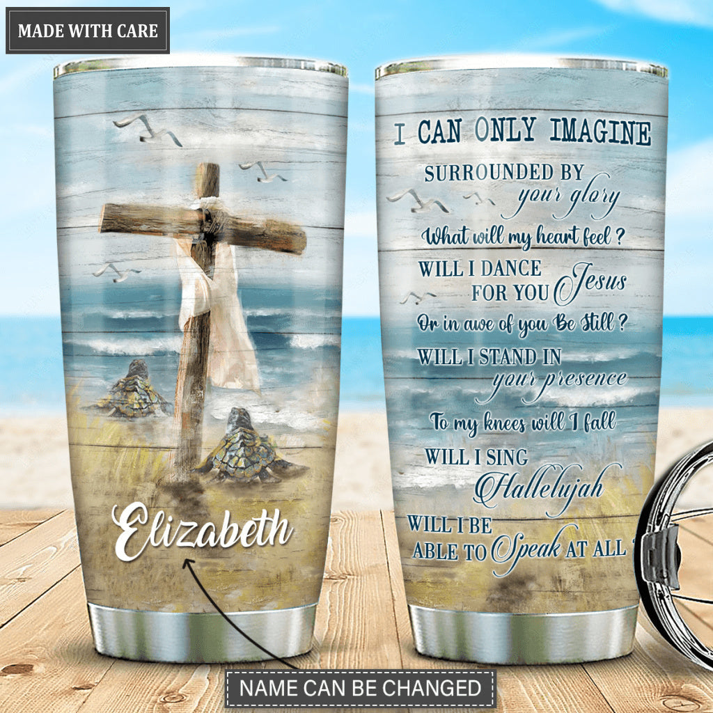 Sea Turtles To The Ocean Wooden Cross Surrounded By The Glory Personalized Tumbler