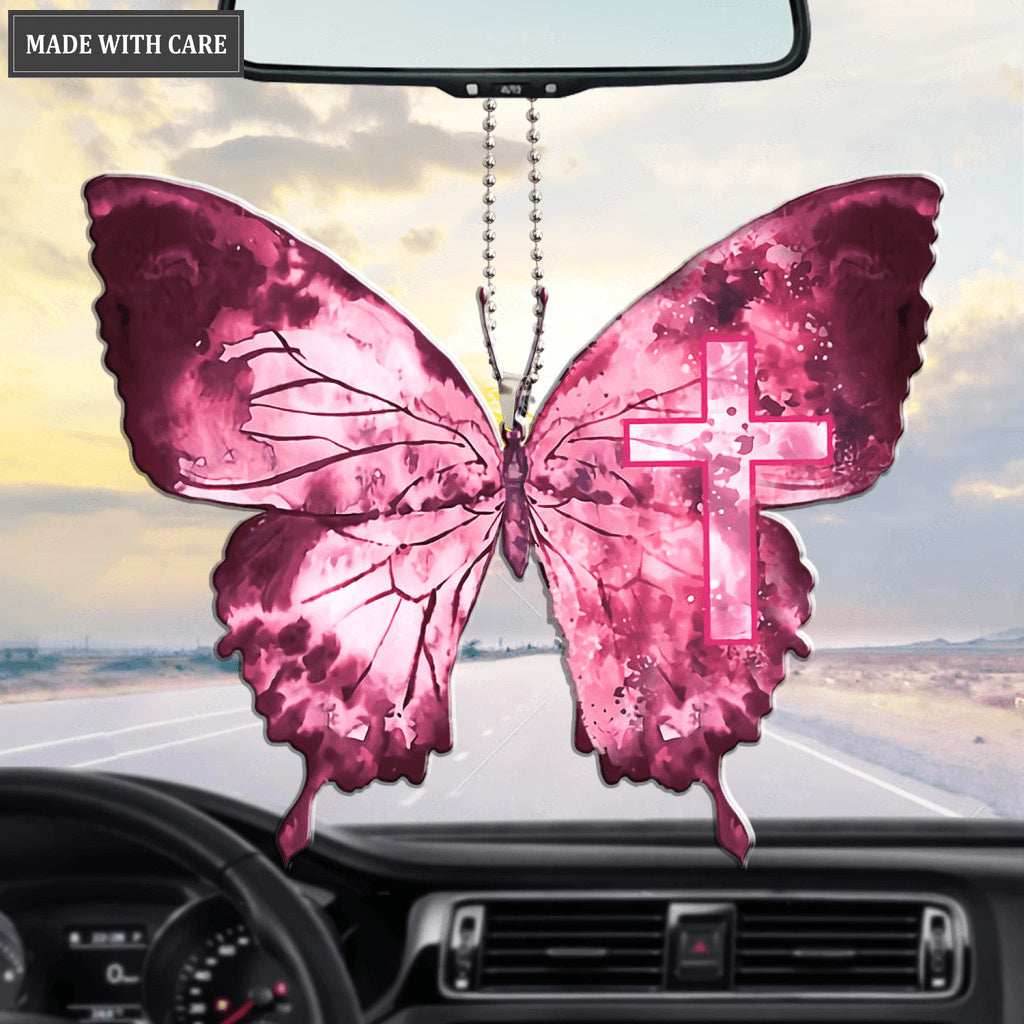 Cross Pink Butterfly Ornament