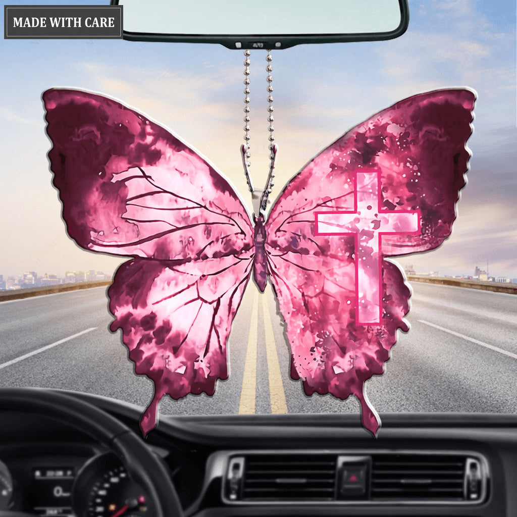 Cross Pink Butterfly Ornament