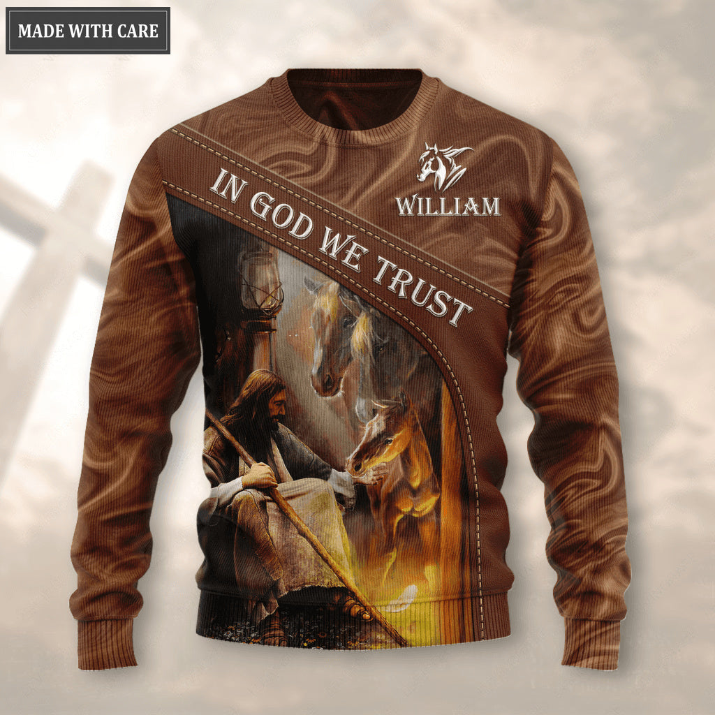 Horse Jesus In God We Trust Personalized Wool Sweatshirt