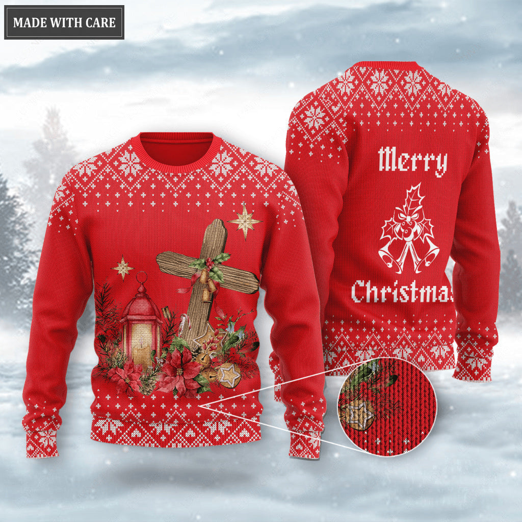Merry Christmas Floral Cross Wool Knitted Pattern Ugly Sweater