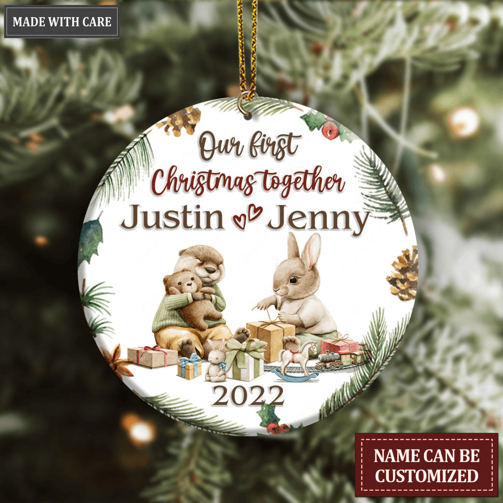Bunny And Otter Couple Pine Floral Our First Christmas Together Personalized Ornament