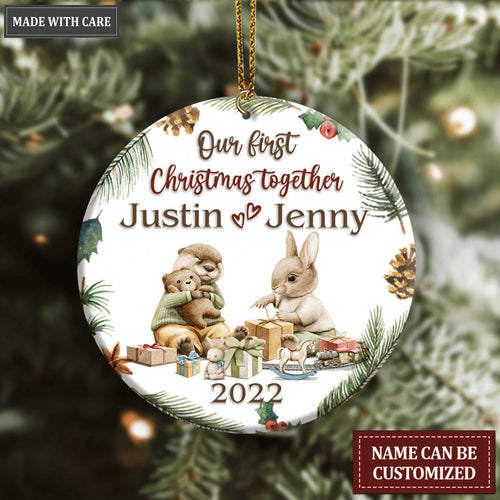 Bunny And Otter Couple Pine Floral Our First Christmas Together Personalized Ornament