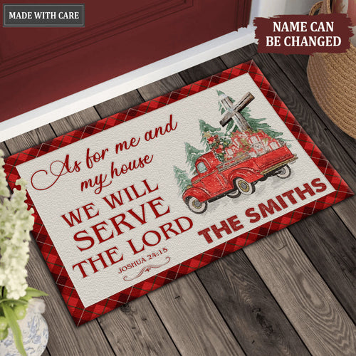 Christmas Red Tartan Truck Pine Cross As For Me And My House Personalized Doormat
