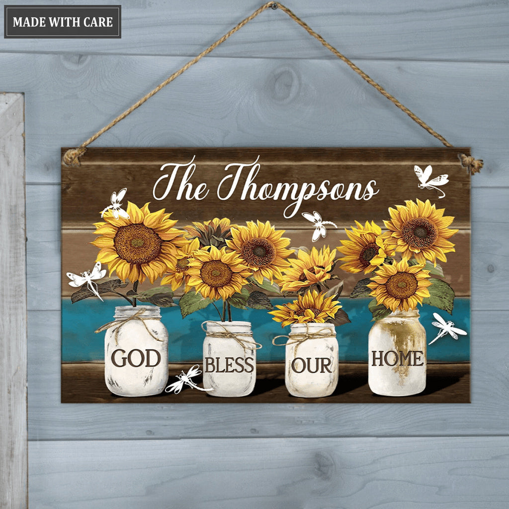 Personalized Bless Our Home Wood Rectangle Sign