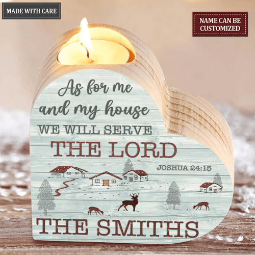 Blue Wood Home And Deer As For Me And My House Personalized Candle Holder