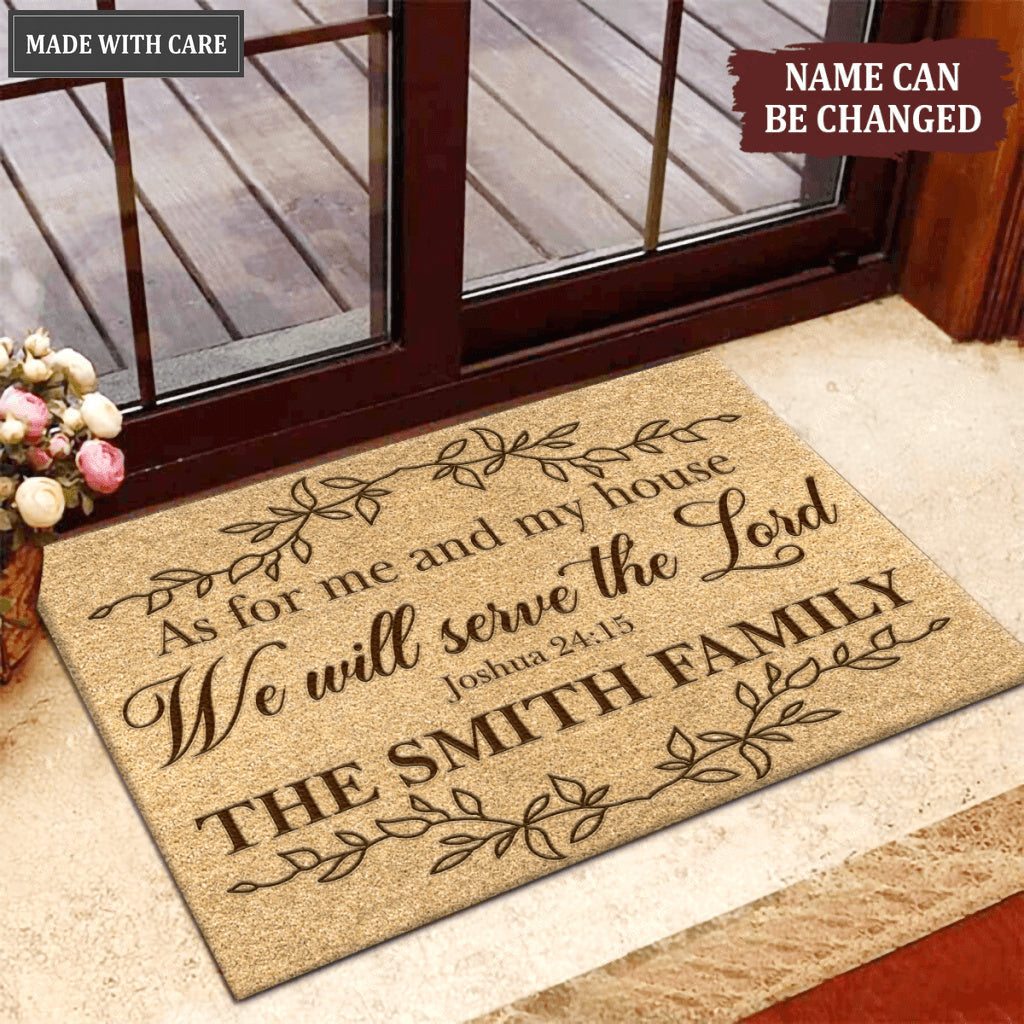 Vintage Leaf Line Art As For Me And My House Collection Family Name Personalized Doormat